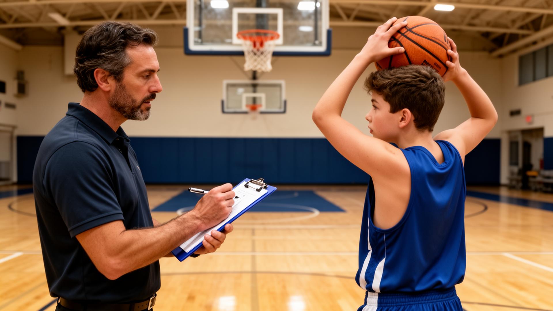 Coach evaluating a young athlete shooting