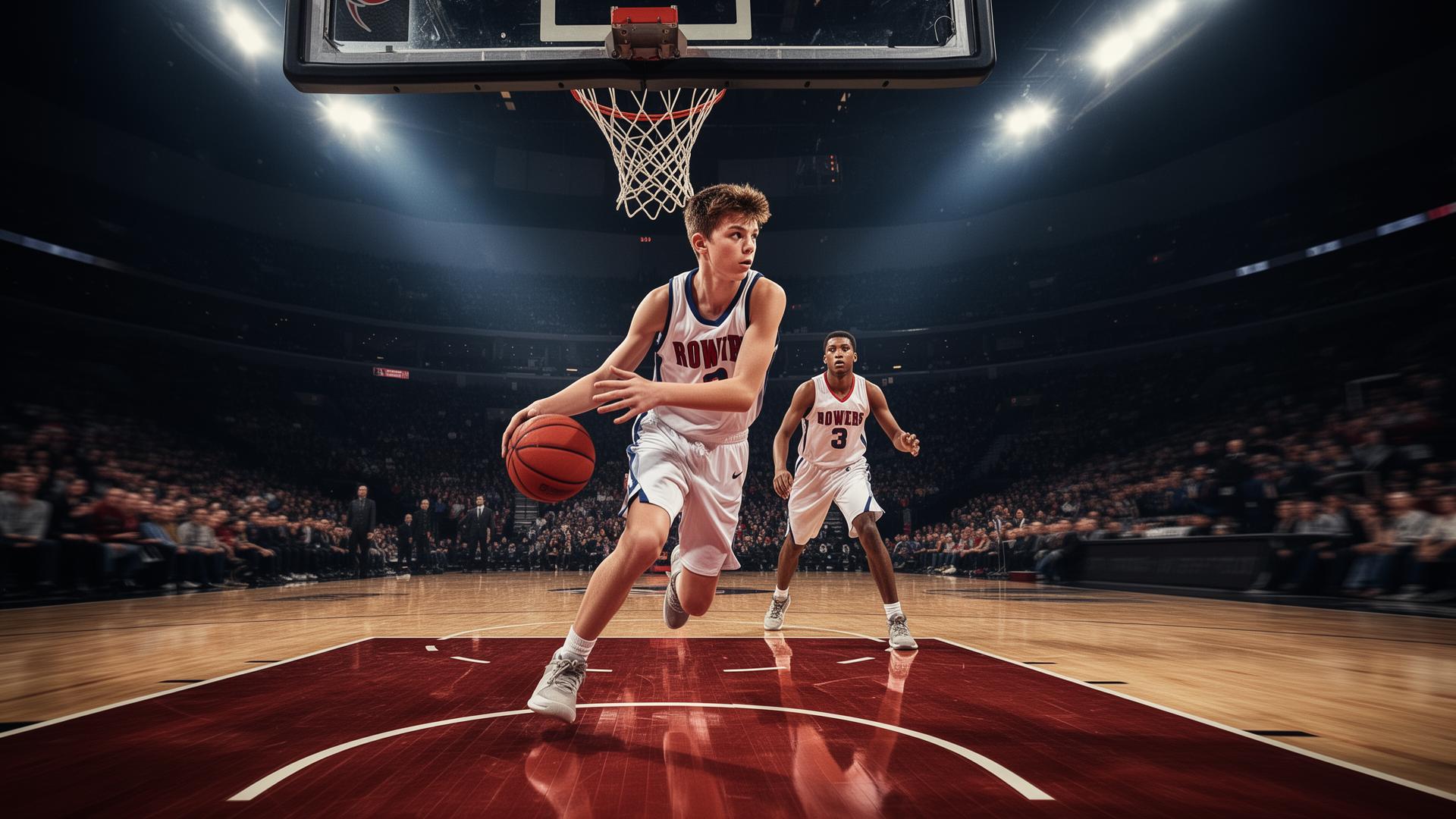 Teen athlete driving to the basket in a game