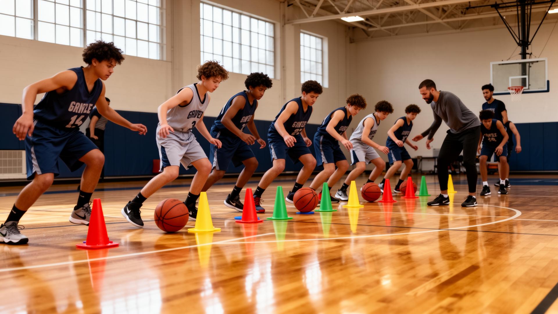 Group basketball training session with cones
